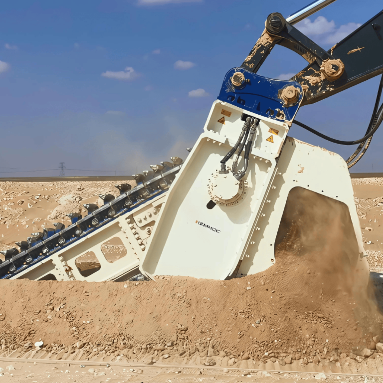 Trenching with Spoil Discharge by KMEROC KTR Chain Trencher